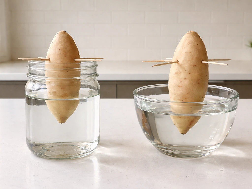 Two clear containers side-by-side with one tuber: bottom third submerged and water line visible.