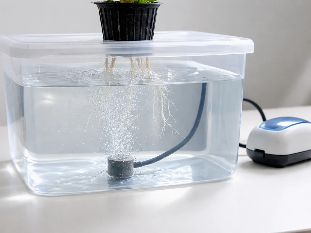 Clear DWC water tub with air stone bubbling gently for oxygenation and white roots resting in water.