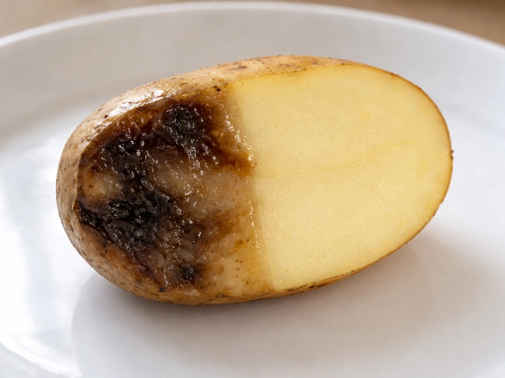 Close-up comparison of a potato tuber showing dark mushy rot patches beside firm healthy tissue.