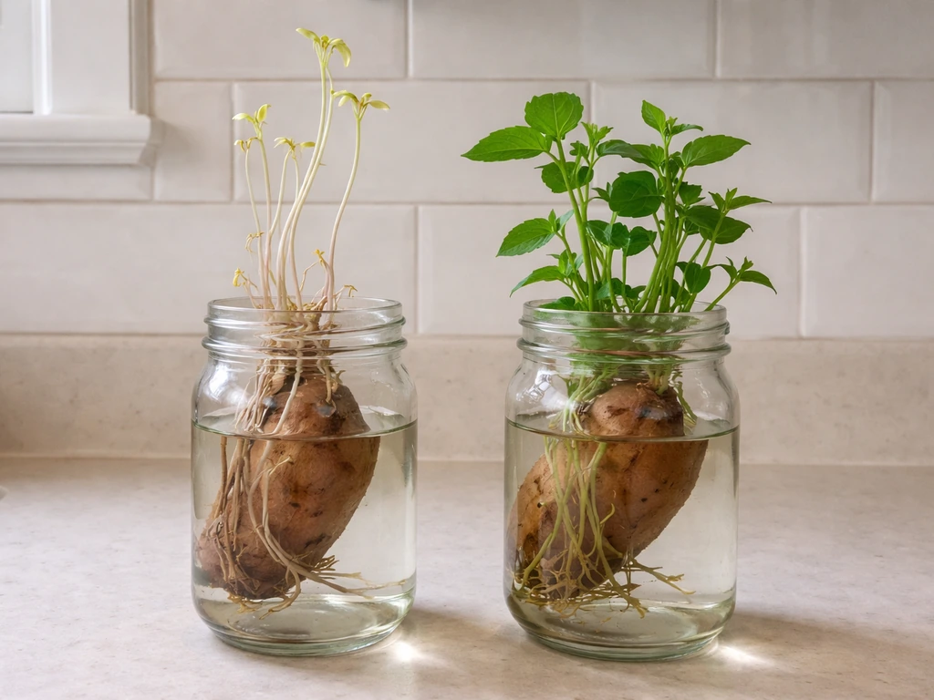 Pale, leggy sprouts and a healthy, compact set beside them in a simple glass jar setup