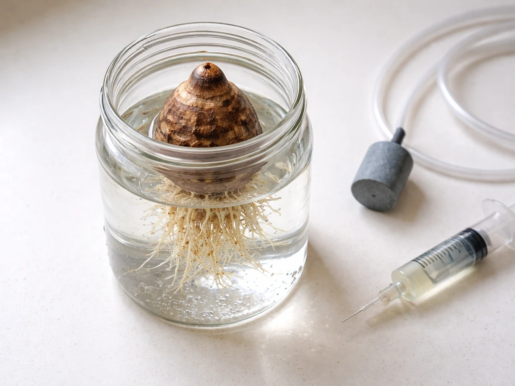 Top-down view of a taro corm in a clear jar with visible roots and small hydroponic supplies on a countertop.