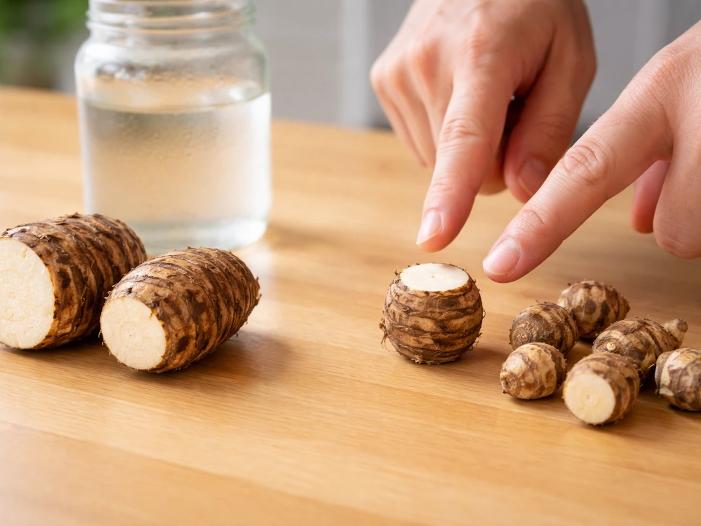 Hands selecting a medium taro cormel among whole corm pieces on a tabletop with a water jar in back.