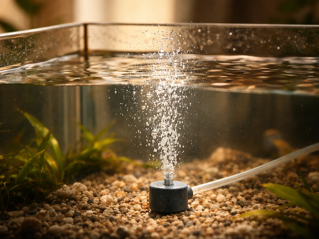 Close-up of an aquarium air stone releasing fine bubbles in a taro reservoir with waterline visible.