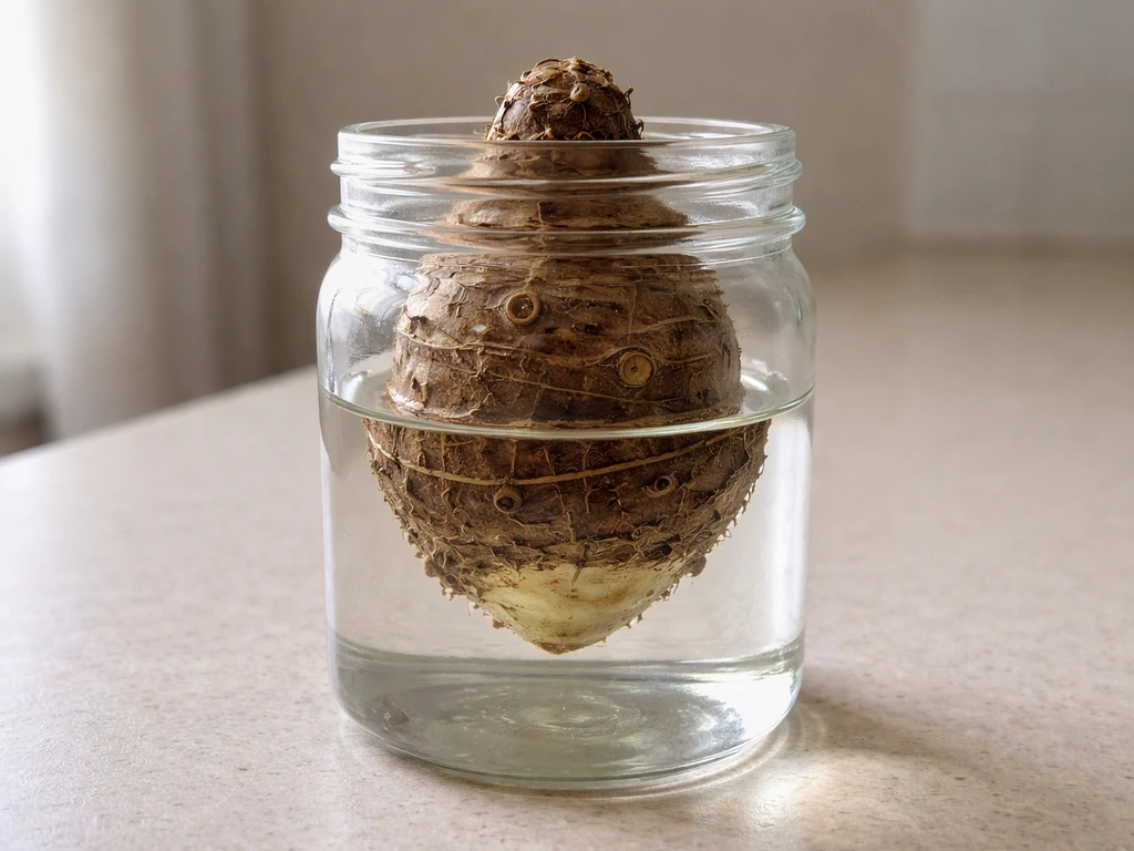 Taro corm in a clear jar with only the bottom third submerged; crown stays above waterline