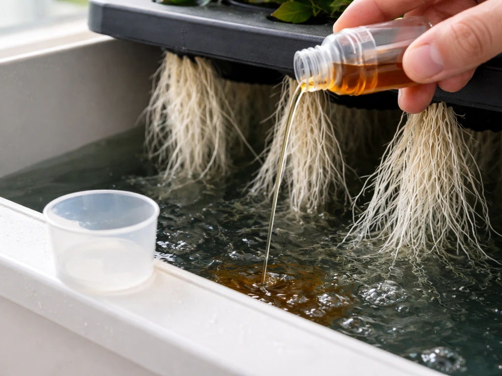 Close-up of a small nutrient bottle and a measured pour into a reservoir with submerged roots.