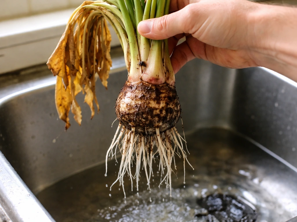 Harvested taro plant lifted from a container with yellowed leaves and wet, rinsed roots and corm.