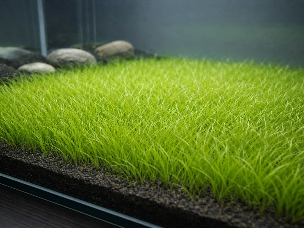 Low dense carpet of dwarf hairgrass (Eleocharis parvula) covering an aquarium substrate, viewed from above.