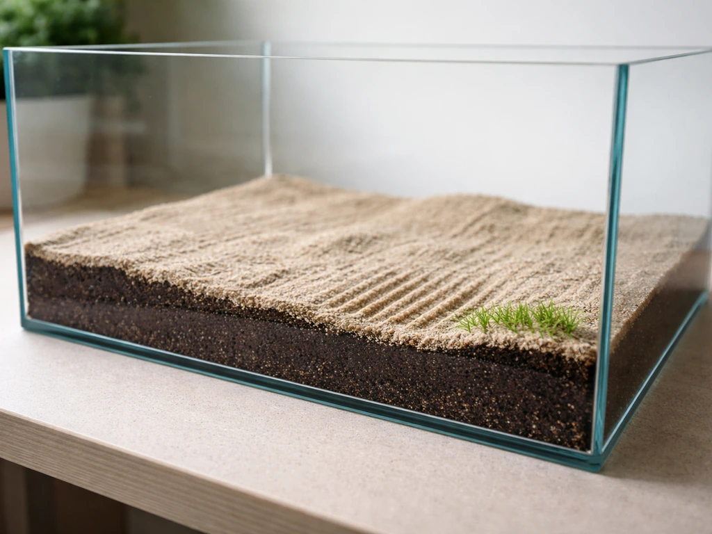 Glass aquarium dry-start with deep substrate and thin sand cap arranged for carpet grass seeding.