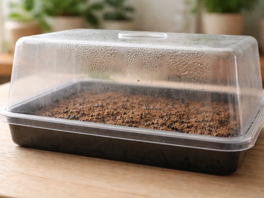 Seeds resting on a moist substrate surface inside a covered misted greenhouse setup