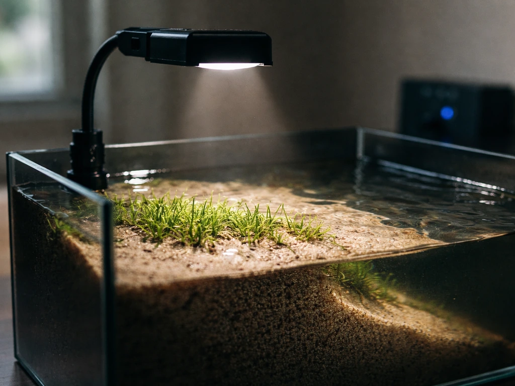 Timer-controlled LED grow light shining over a small flooded-to-emersed aquarium area with aquatic plants