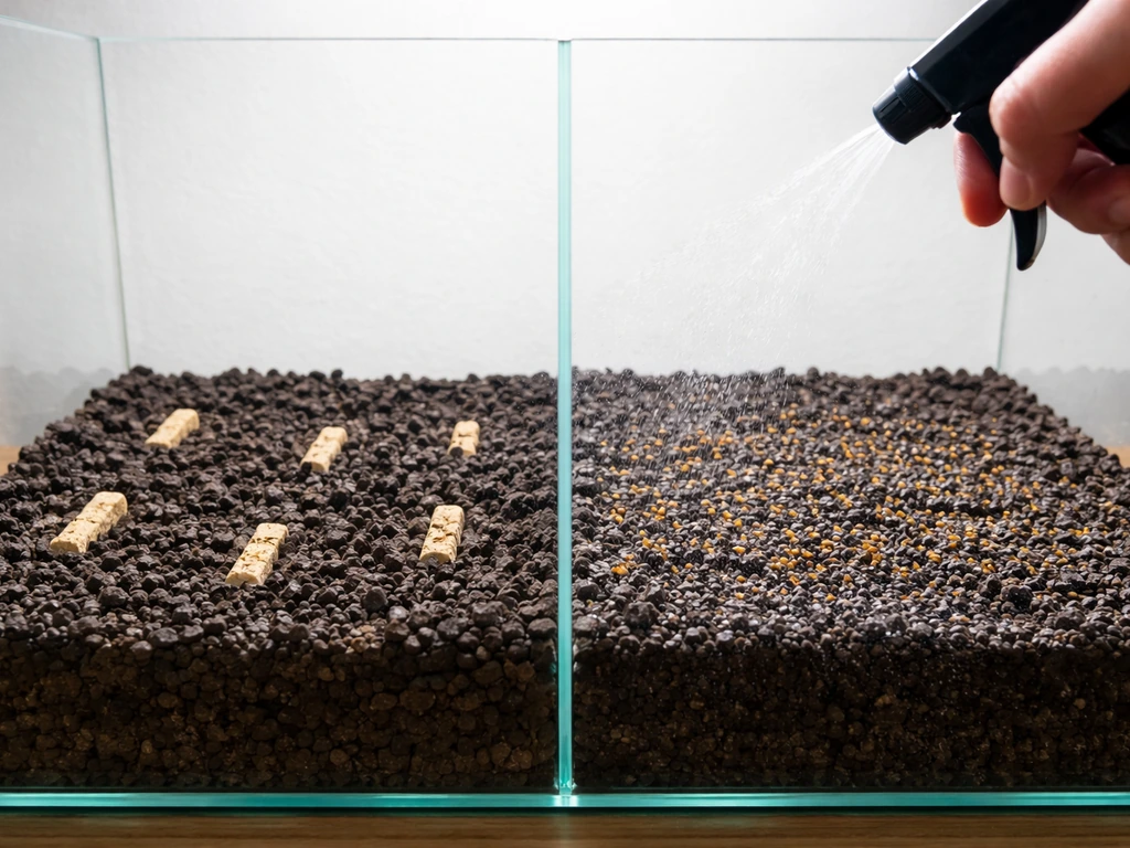 Aquarium substrate with root tabs visible, then seeds sprinkled and lightly misted for sowing.