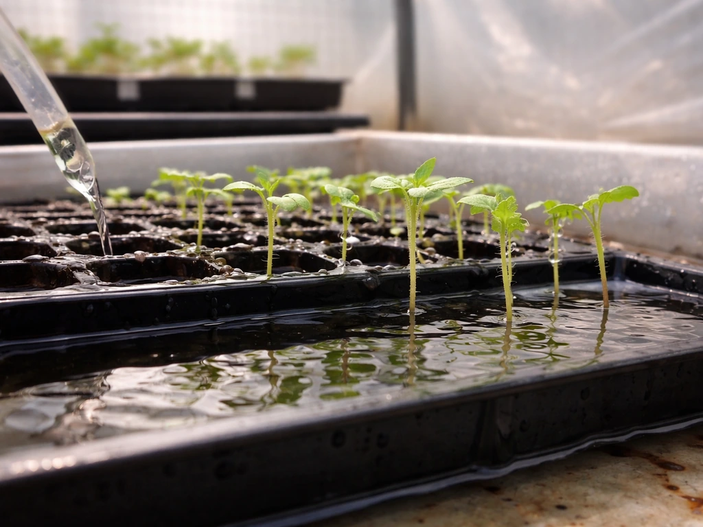Seedlings in a flooded nursery tray, with waterline showing sudden submersion stress