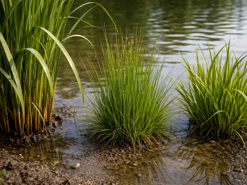 Close-up of reed-like aquatic plants in shallow water, showing different growth habits and leaf textures.