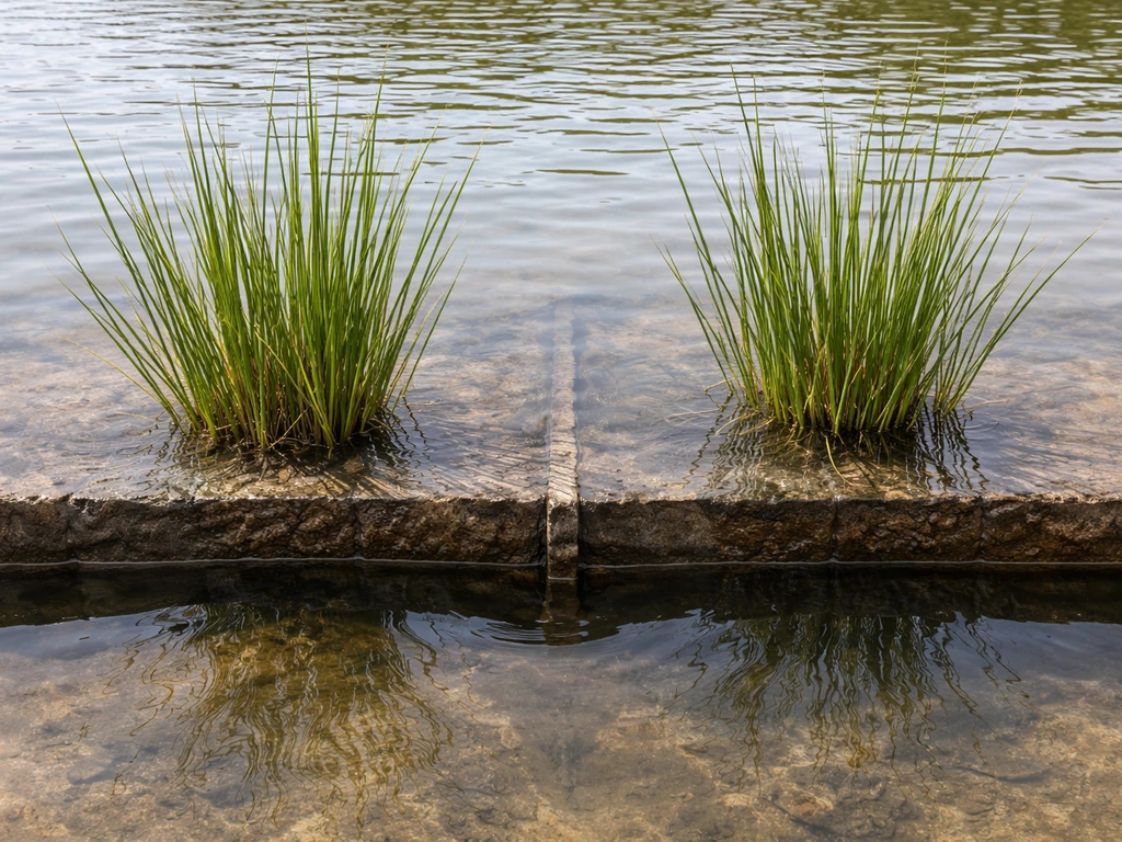 Two reed planting zones side by side: shallow correct depth vs too-deep submerged roots.