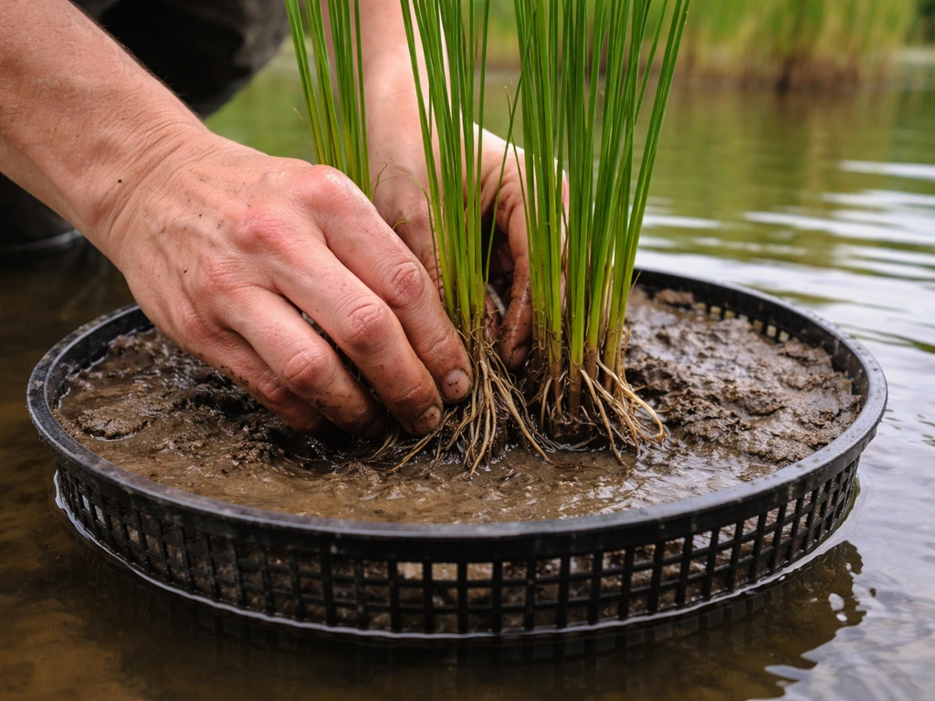 Gardener hands anchoring reed rhizomes in a water container basket with a clear waterline