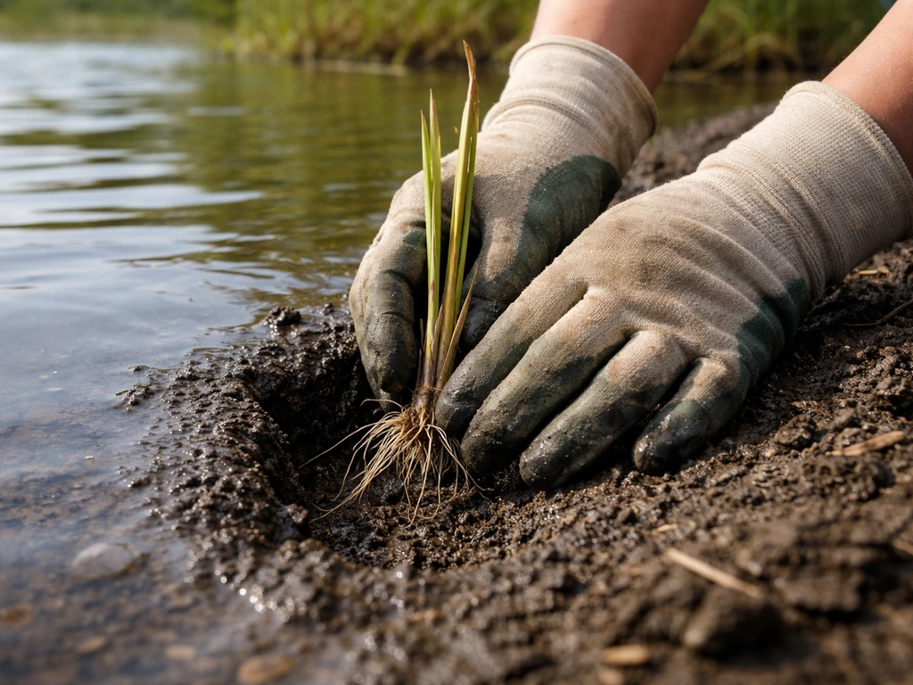 Hands digging a small planting pocket at a pond edge and placing a reed rhizome into wet substrate