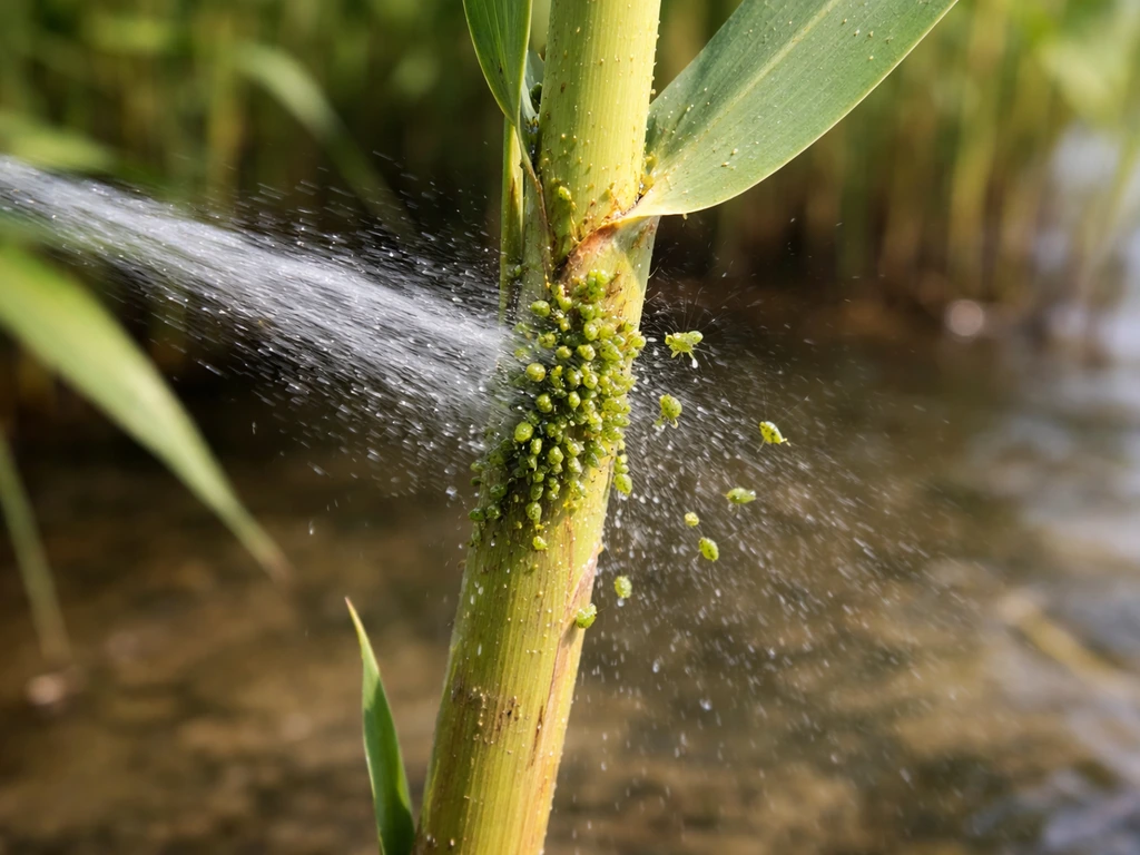 Close-up of aphids clustered on a reed stem while a gentle water spray dislodges them