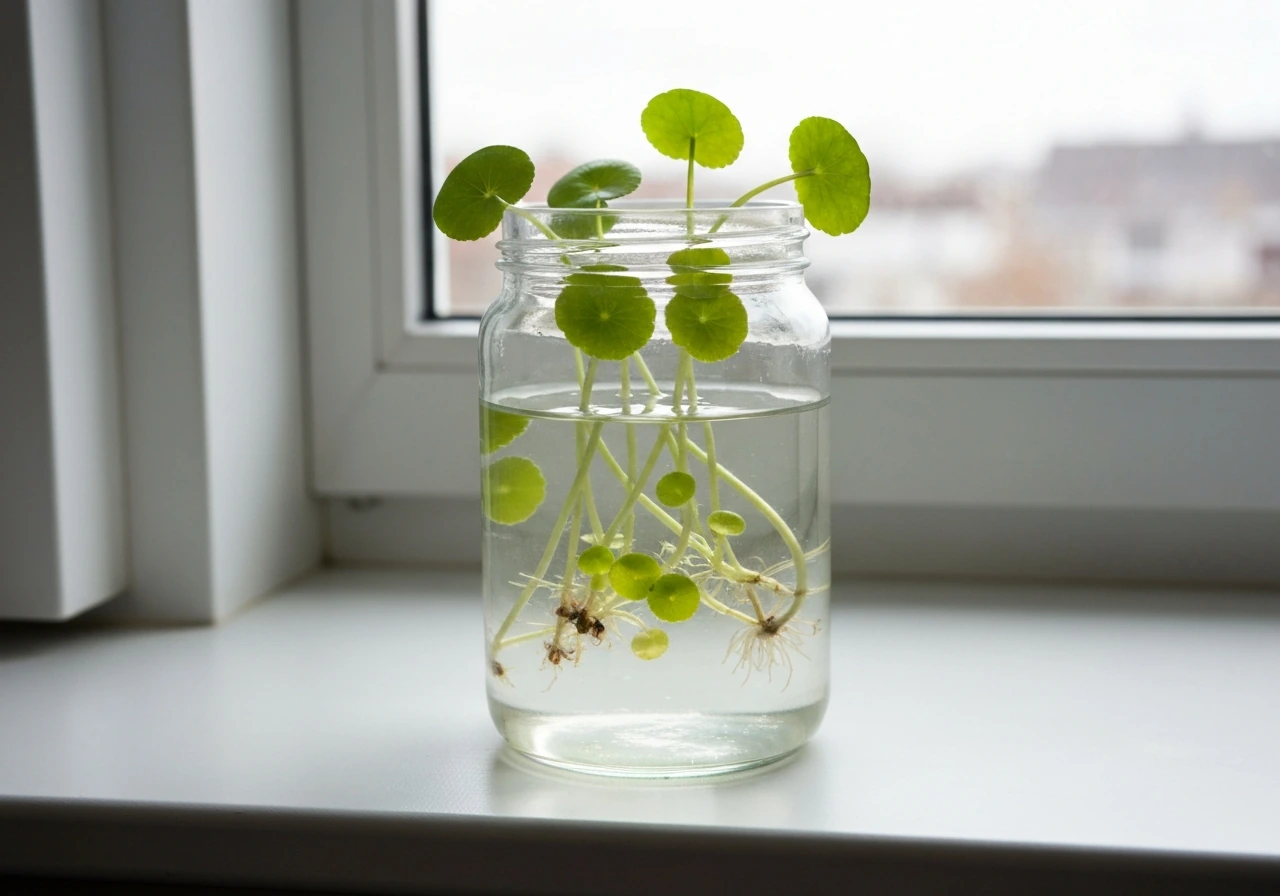 Clear jar of dechlorinated water with pennywort stem cuttings on a sunlit windowsill.