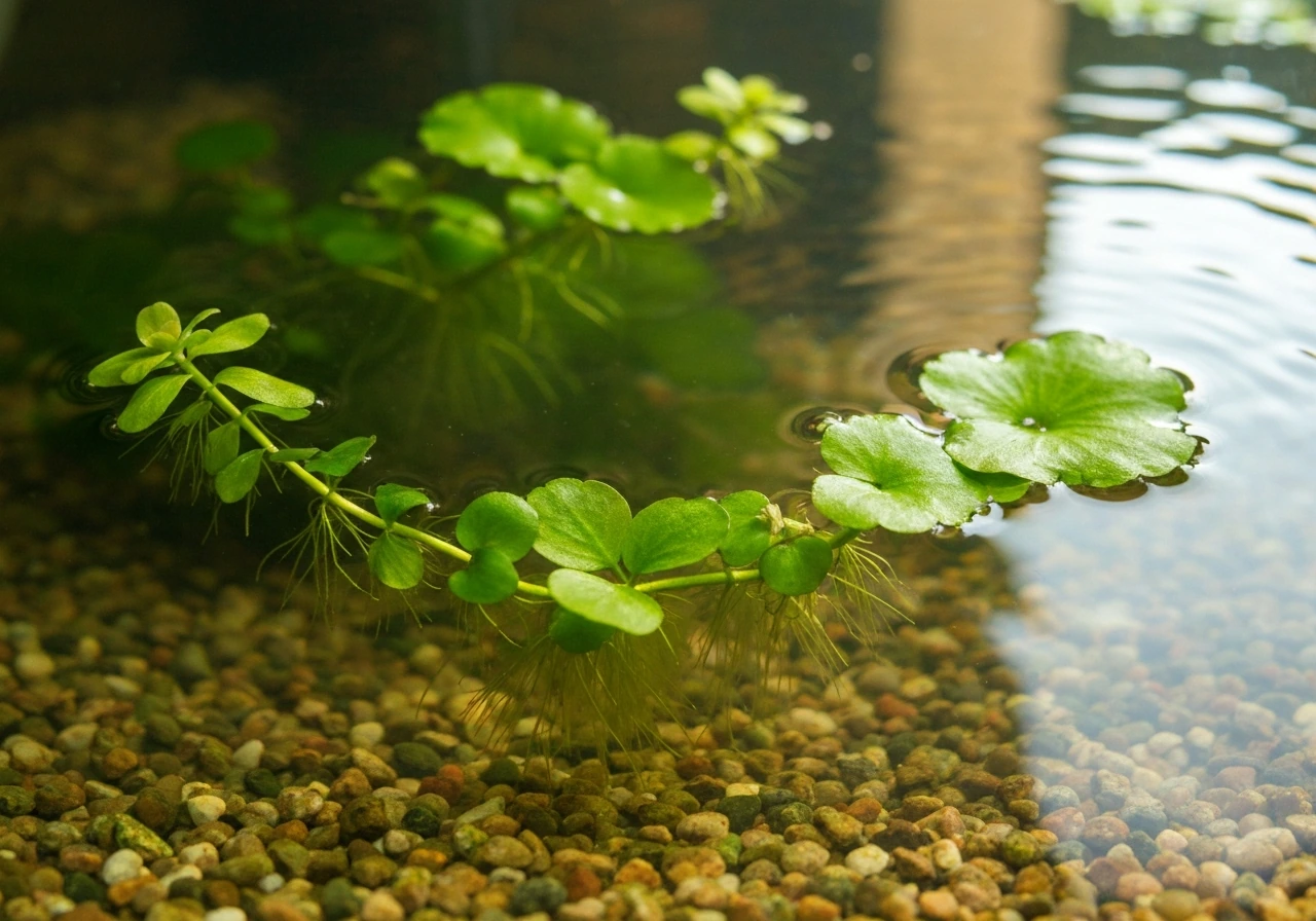 Aquarium pennywort growing in a clear freshwater tank, leaves submerged with soft natural light highlights.
