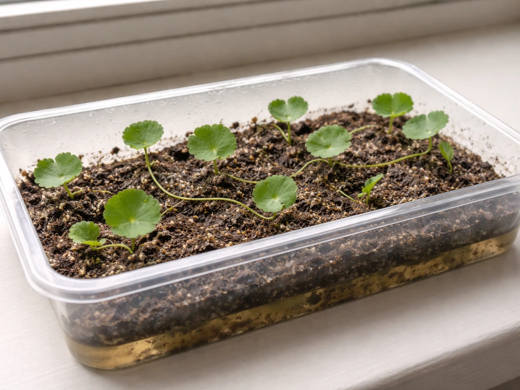 Semi-aquatic pennywort cuttings planted in moist soil mix with shallow water in a tray
