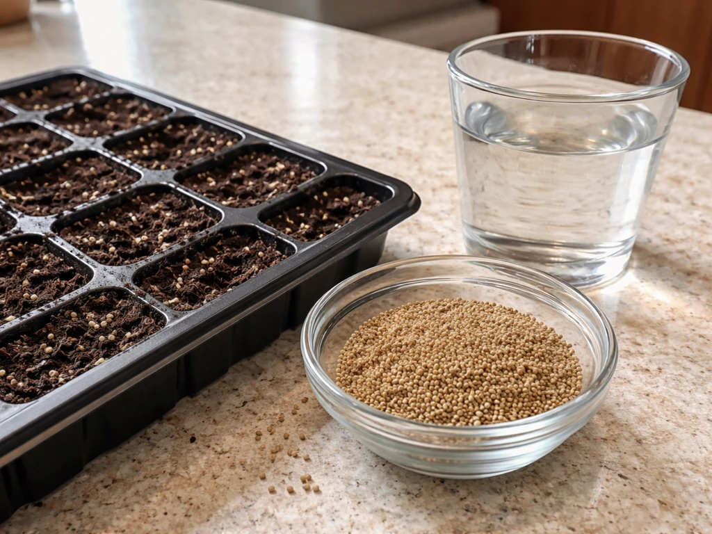 Pennywort seeds beside moist seed-starting tray and a small cup of cool water for soaking-ready sowing.