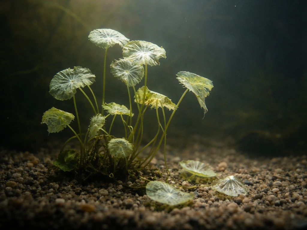Pennywort in an aquarium with translucent melting leaves and a few falling toward gravel under dim light.