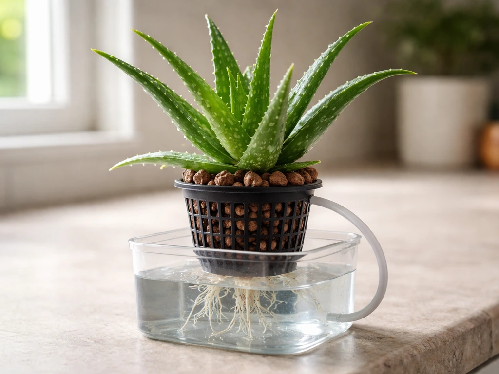 Healthy aloe vera in a small hydroponic net pot with visible tubing and reservoir.