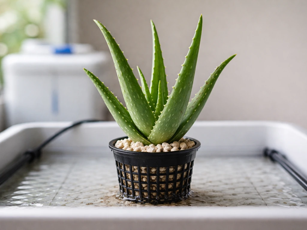 Healthy aloe vera growing in a simple hydroponic-style net pot with perlite and a blurred nutrient reservoir