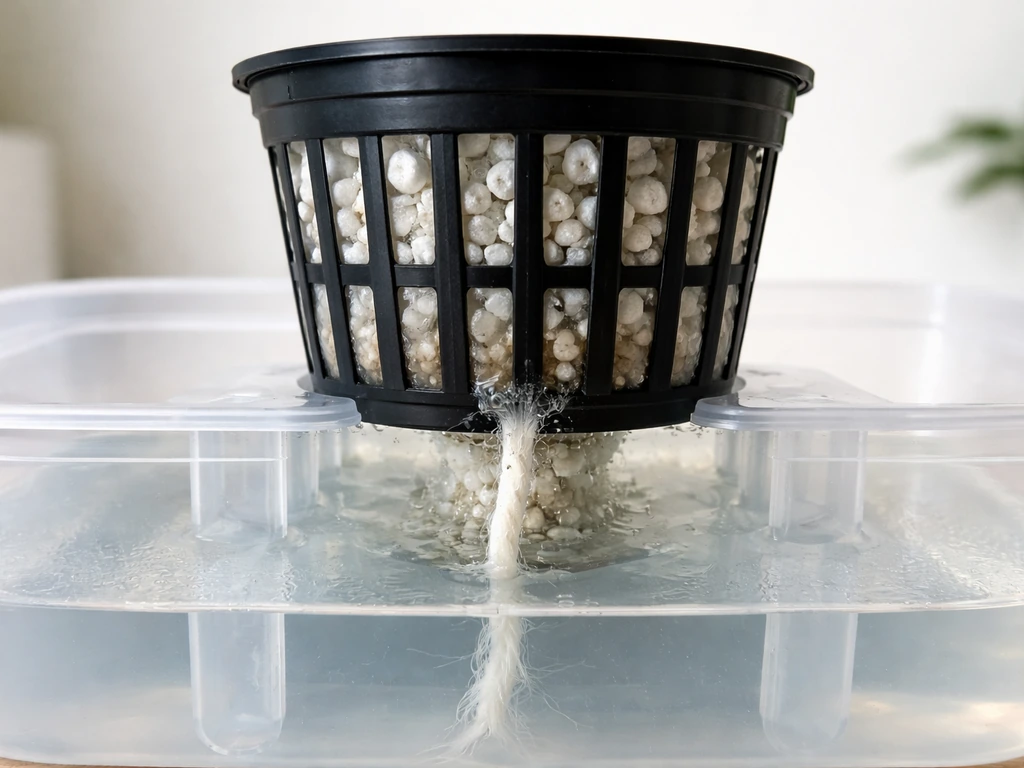 Close-up of a semi-hydroponic net pot on a shallow reservoir with moist perlite wick transfer.