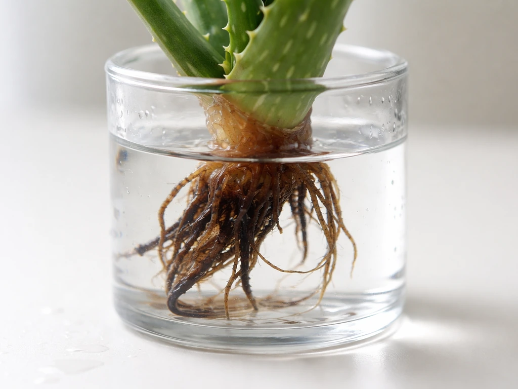 Close-up of hydroponic aloe cutting with brown slimy roots and water-soaked stem base in a simple reservoir.