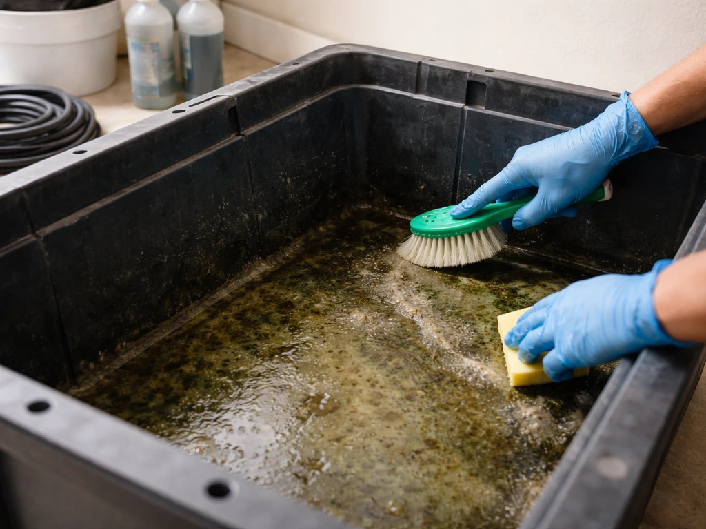 Gloved hands scrubbing a drained hydroponic reservoir with visible algae/biofilm residue.