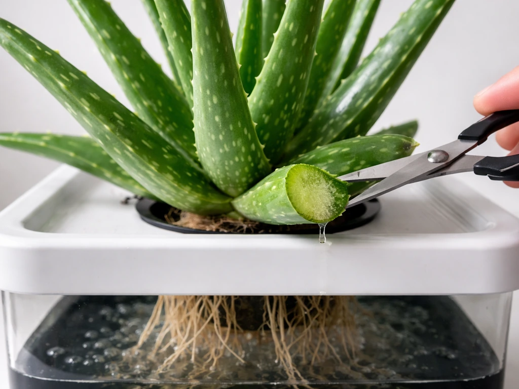 Thick hydroponic aloe leaves with a fresh cut, aloe plant thriving with roots and nutrient reservoir blurred behind.