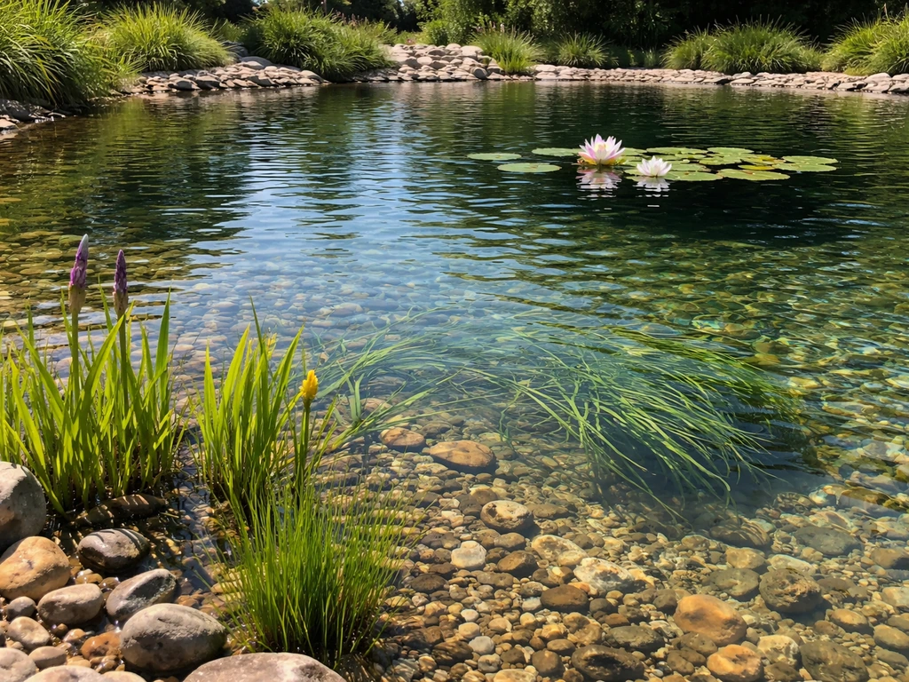 Clear pond with marginal plants, submerged greenery, and a blooming water lily at different depths.