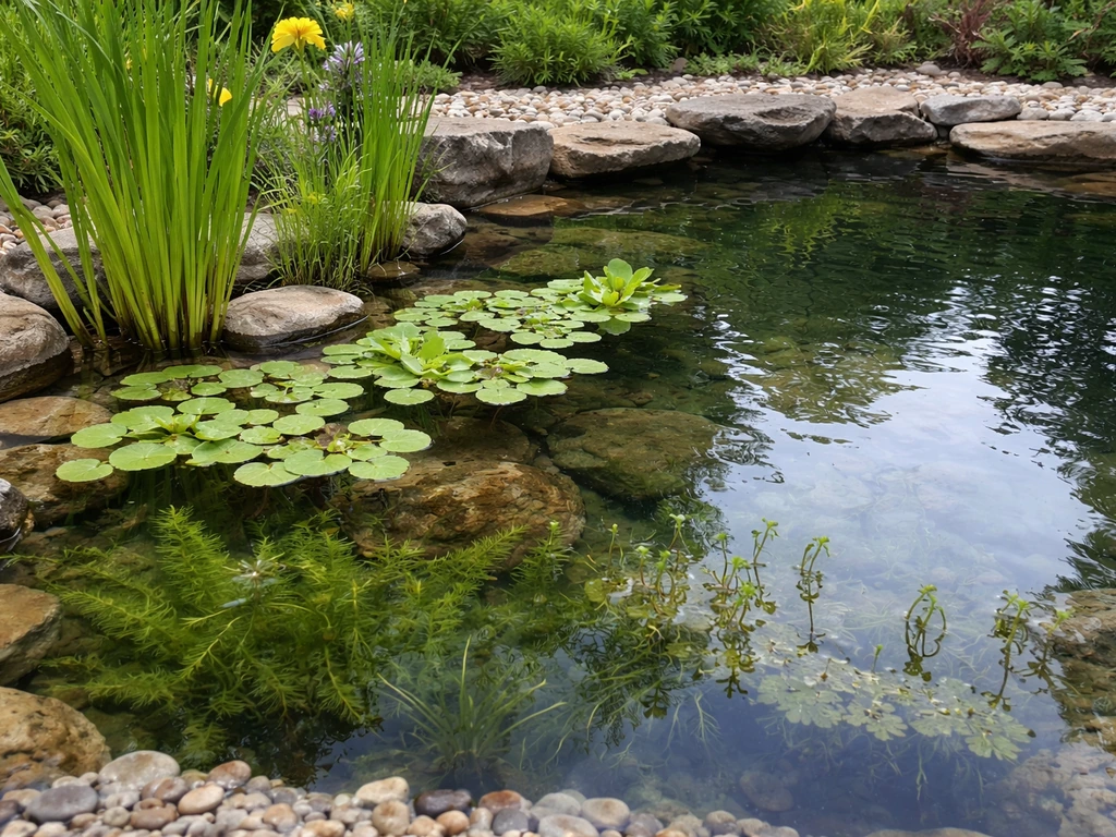 Backyard pond edge with shallow marginals, floating plants, submerged fronds, and emergent oxygenators.