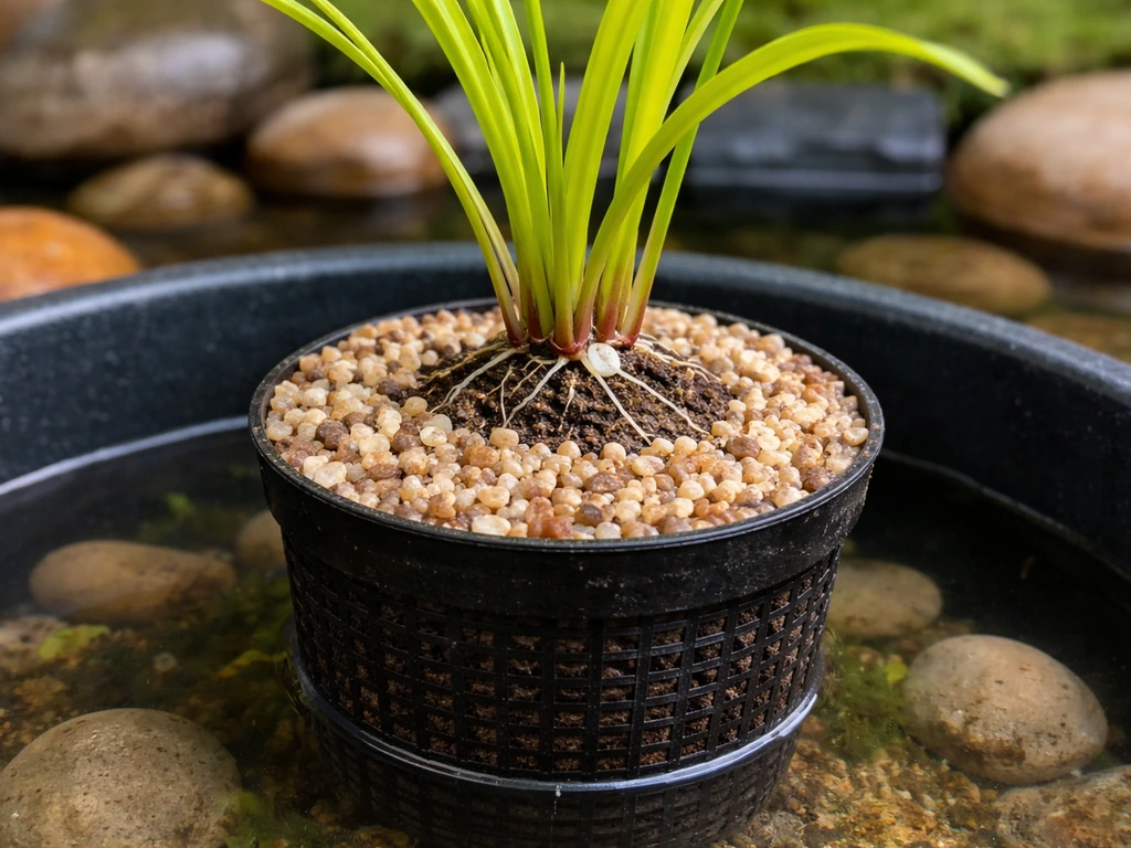 Close-up of an aquatic plant pot: clay loam capped with gravel and the crown set at correct height.