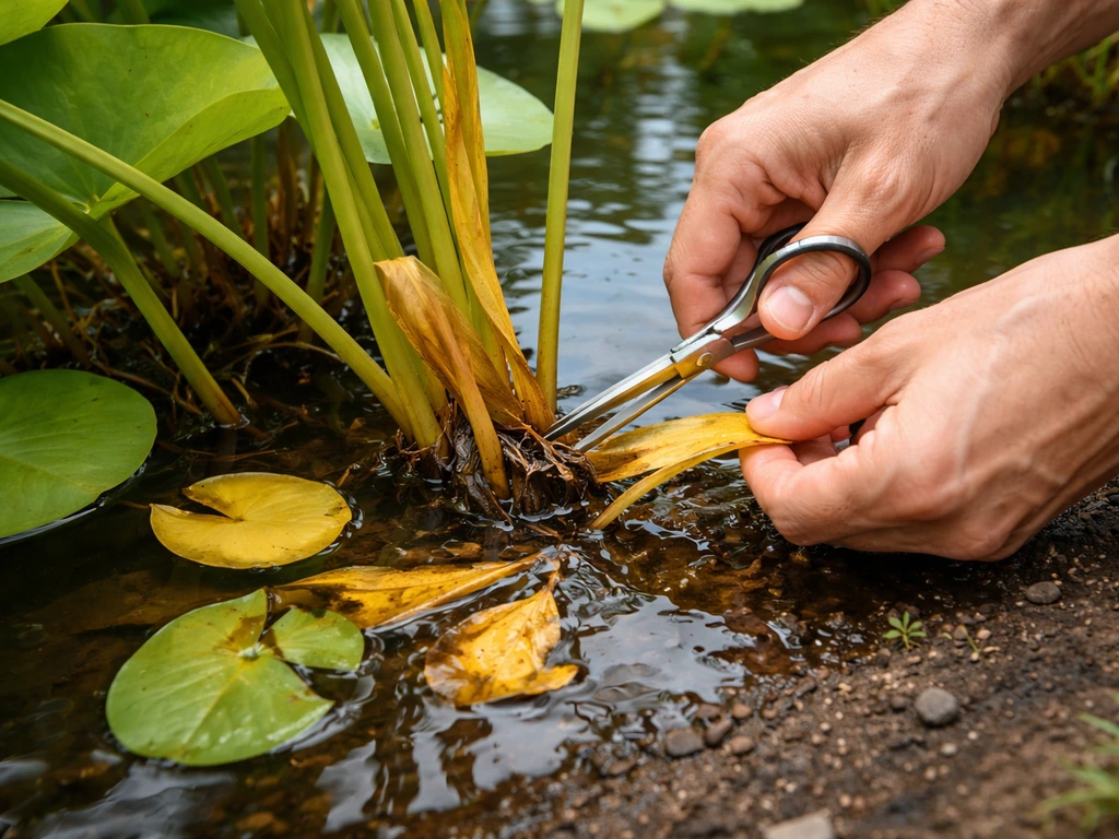 Hands using garden scissors to trim dead yellow pond leaves and remove cuttings from a water pond.