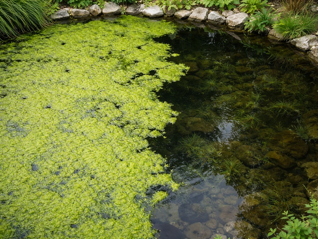 Overhead view of a pond section with thick green algae beside a clearer area with submerged plants