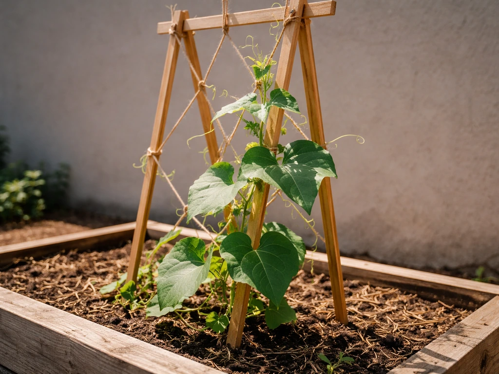 Luffa vine growing on a sunny garden trellis in a raised bed with lush green leaves