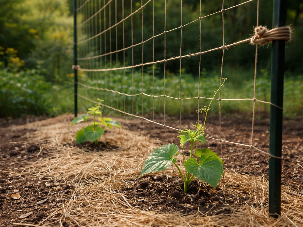 Young luffa seedlings at the base of a sturdy trellis net tied with twine in a small garden bed.
