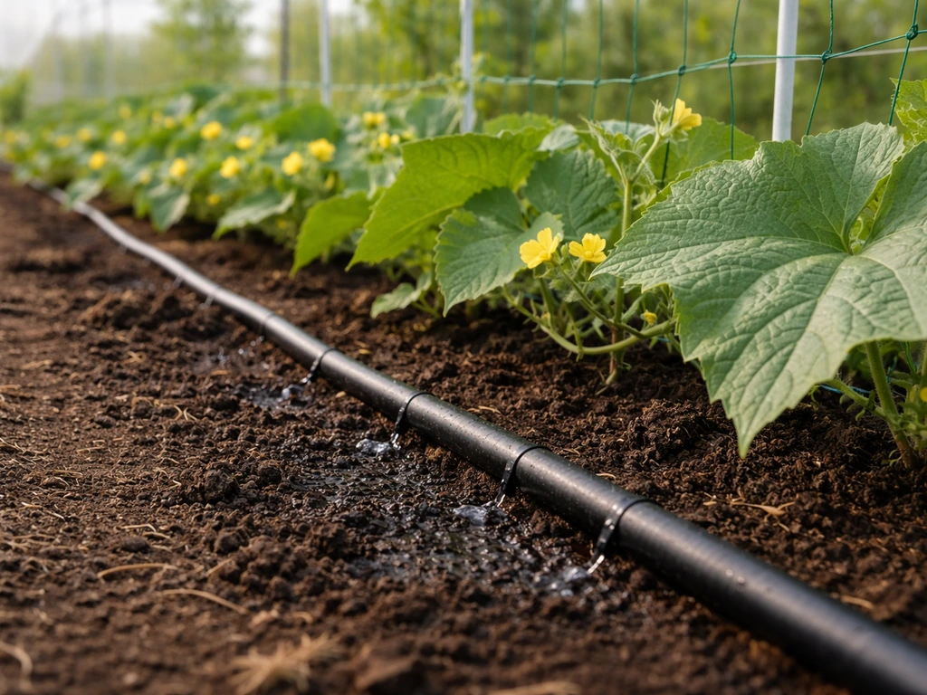 Close-up of drip irrigation lines watering luffa plants, dark soil moist, garden bed in natural light