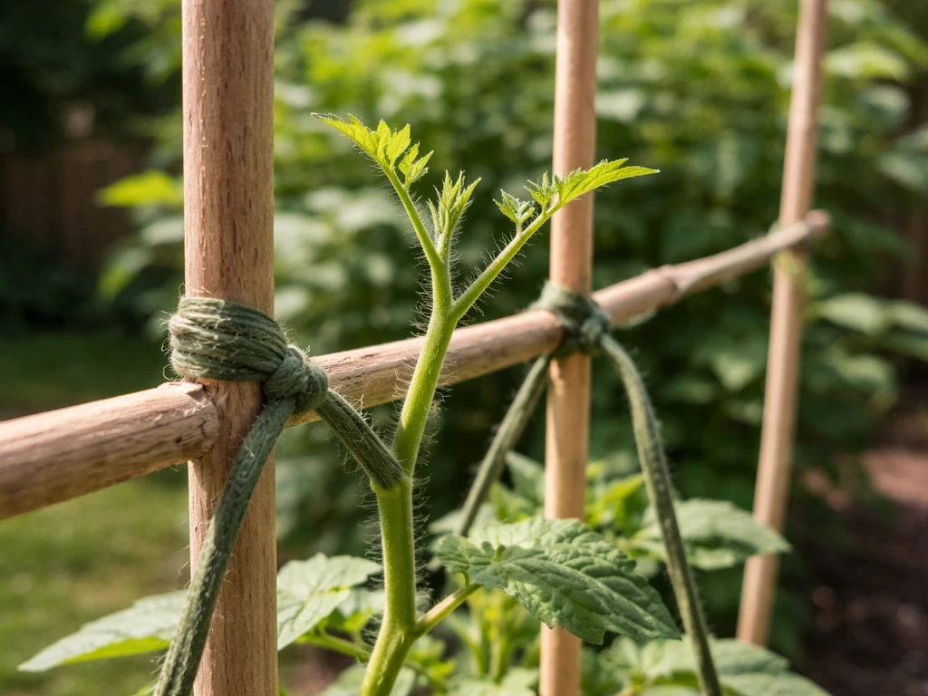 Close-up of a pinched vine tip with lateral shoots tied to a wooden trellis in sunlight.