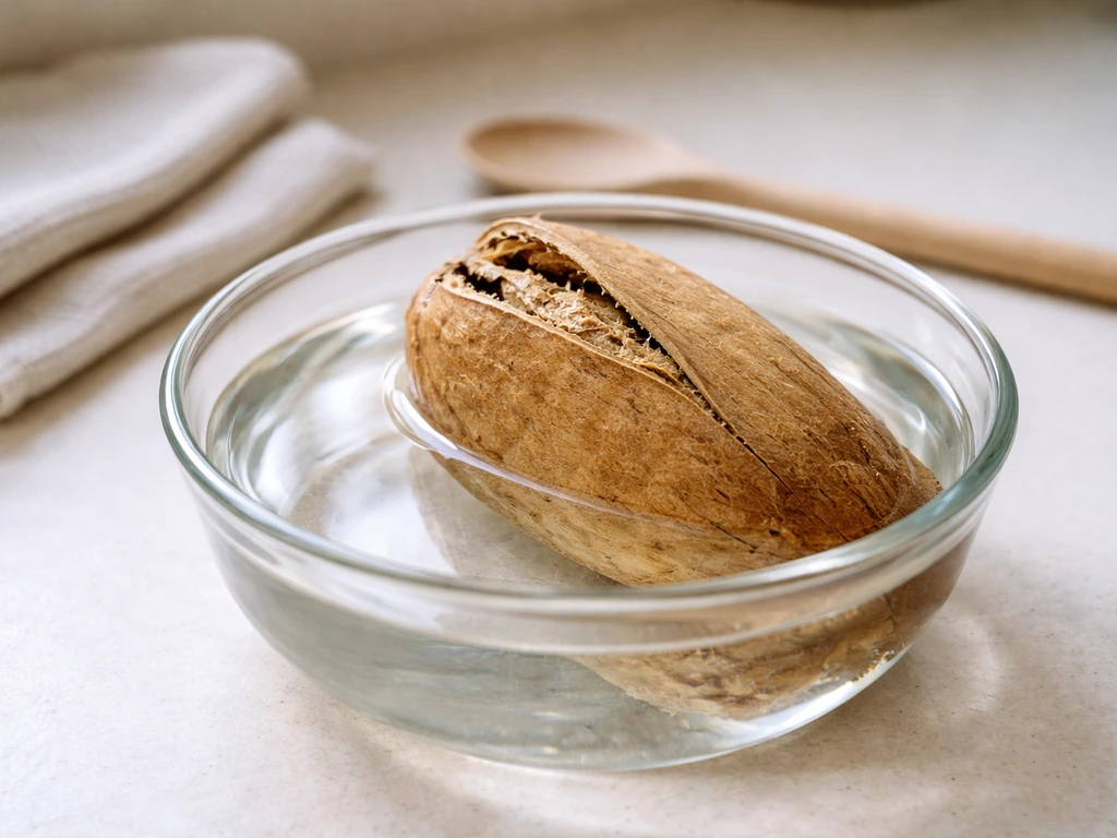 Dried luffa gourd soaking in a shallow bowl, loosened brown skin ready to peel by hand