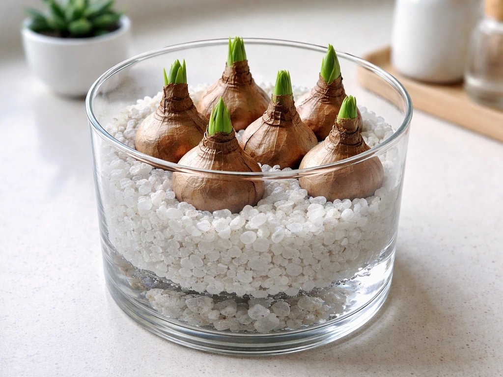 Paperwhite bulbs in clear glass gravel with water at the base in a semi-hydroponic setup