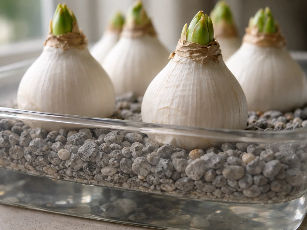 Close-up of bulbs anchored in gravel with water level below the bulb body in a clear container.