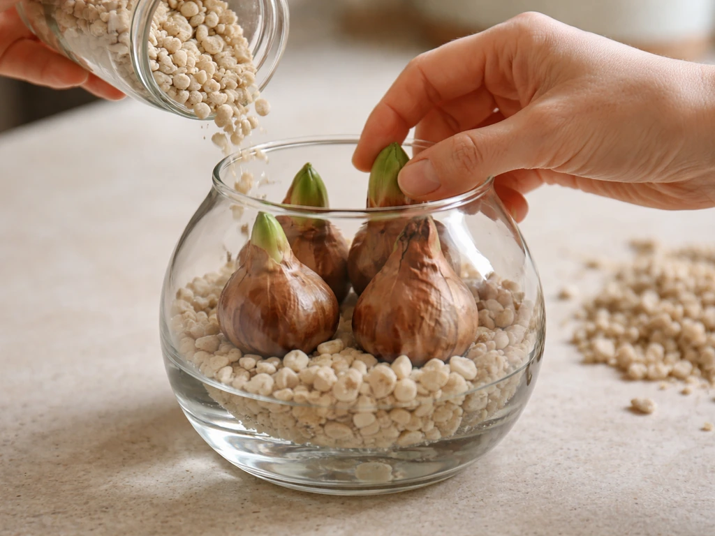Clean light gravel being placed in a glass bulb container with a few bulbs touching the water line.