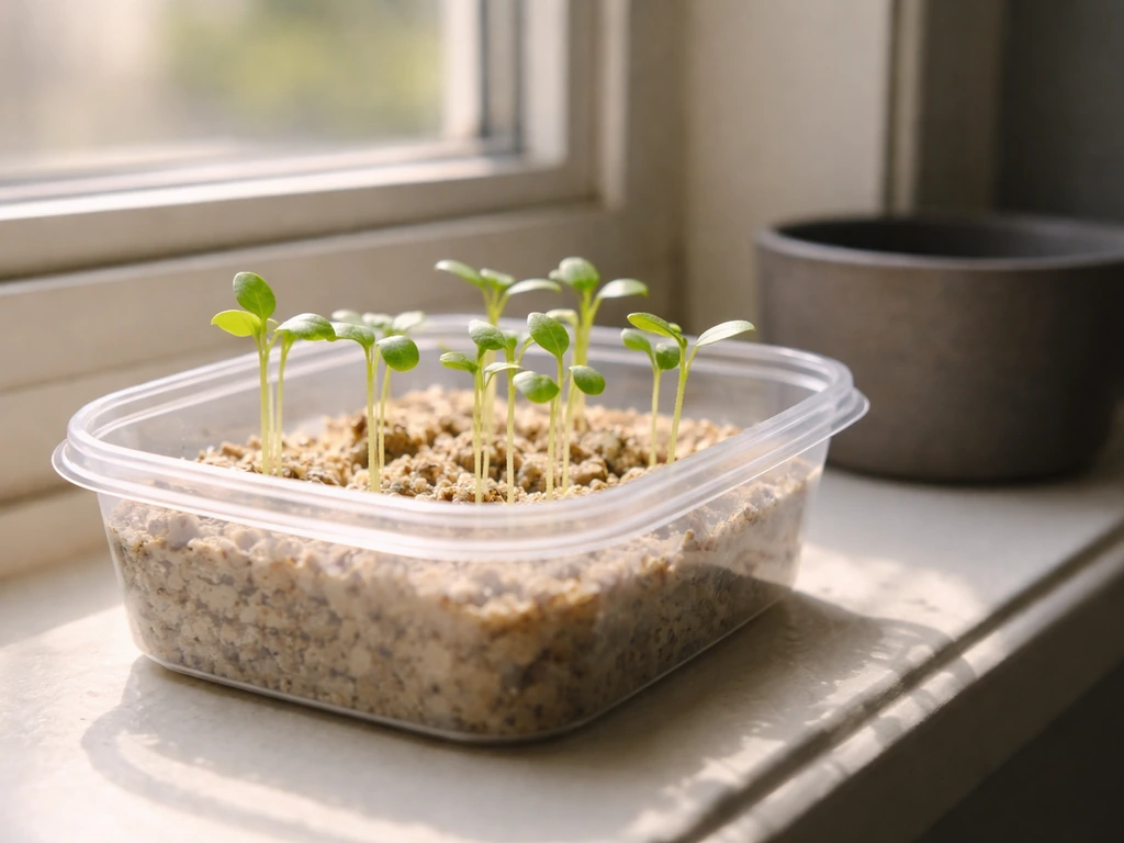 Small plant seedlings in a clear container on a bright windowsill, showing early growth in indirect light.