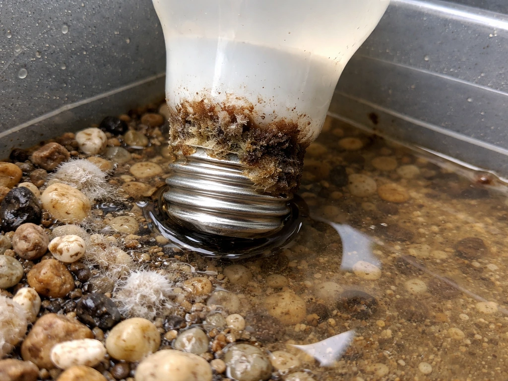 Close-up of a plant bulb base in standing water with mushy decay and damp gravel with white mold