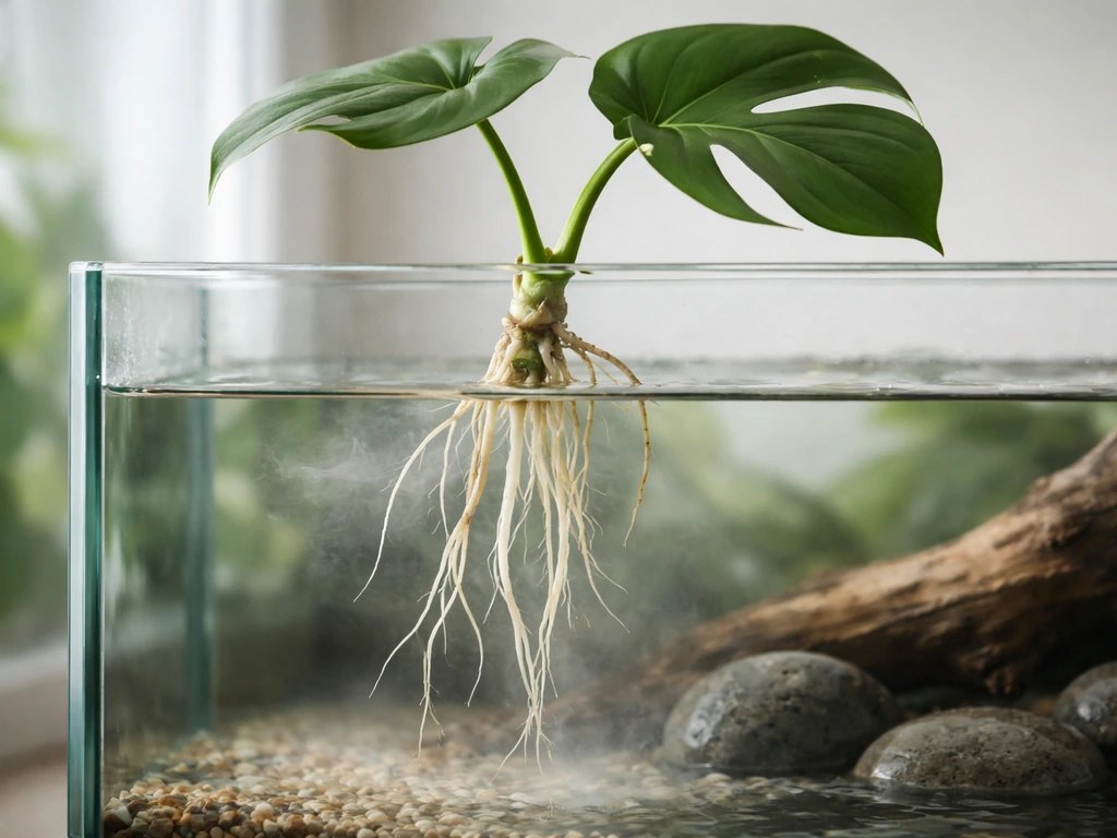 Close-up of a monstera cutting above an aquarium waterline with aerial and white roots in humid water.