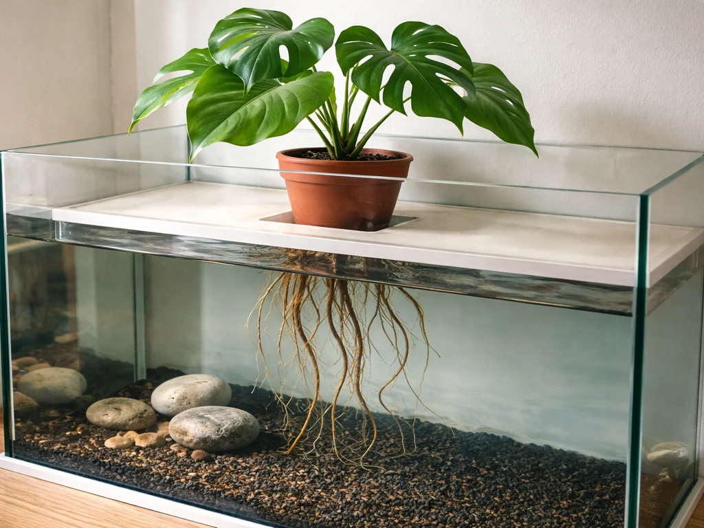 Monstera roots in water with a waterline ledge setup inside a minimalist aquarium