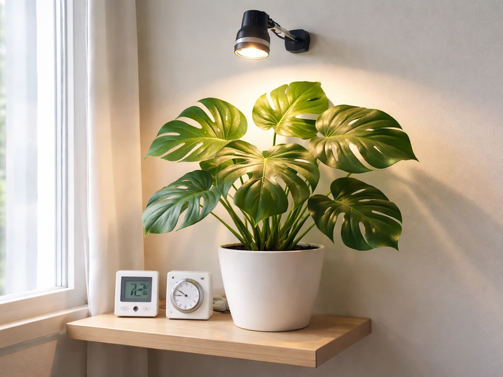 Monstera in a bright window with a simple grow light and a thermometer on a nearby shelf